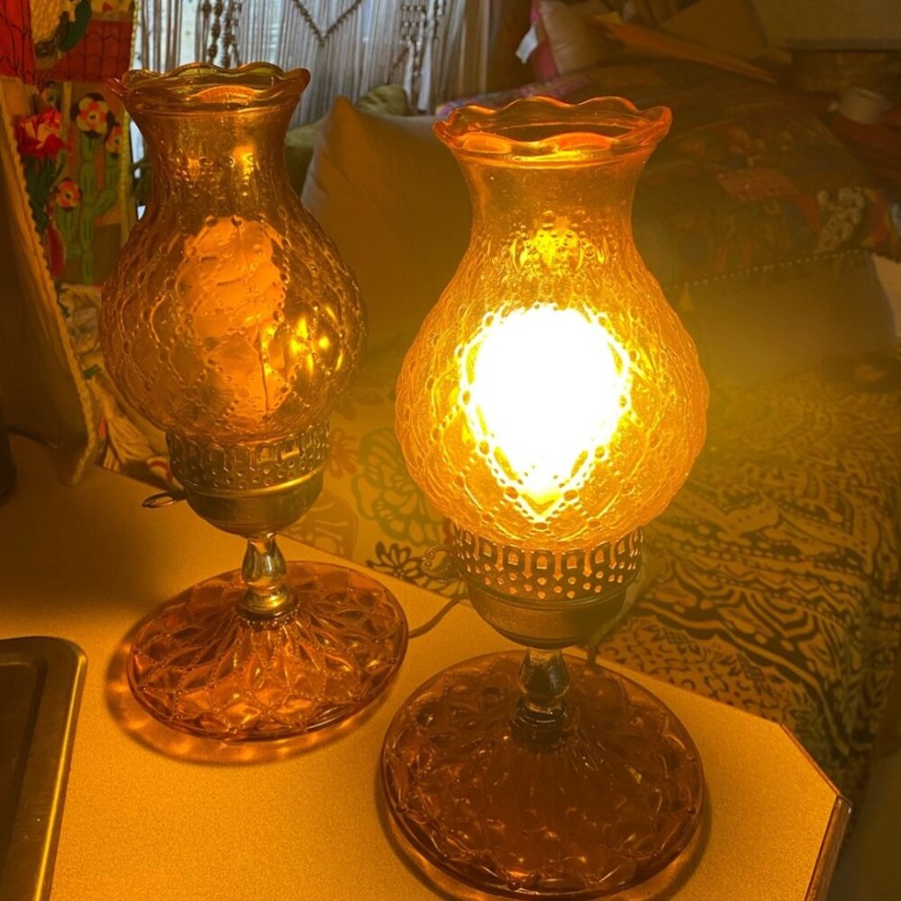 Vintage 1970s Amber Glass Hurricane Lamps Pair Retro Boudoir Table Lights MCM